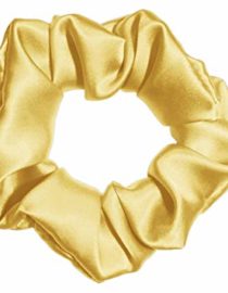 Gold Colored Silk Scrunchie Displayed On A White Background
